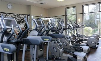 a well - equipped gym with various exercise machines , including treadmills and stationary bikes , arranged in rows at Hyatt Hotel Canberra - A Park Hyatt Hotel