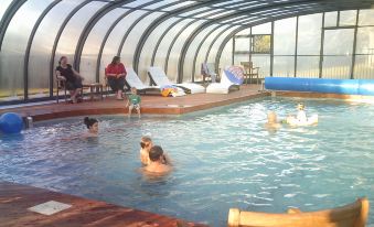 a group of people , including children , are swimming and relaxing in an indoor pool under a glass dome at All Seasons Holiday Park