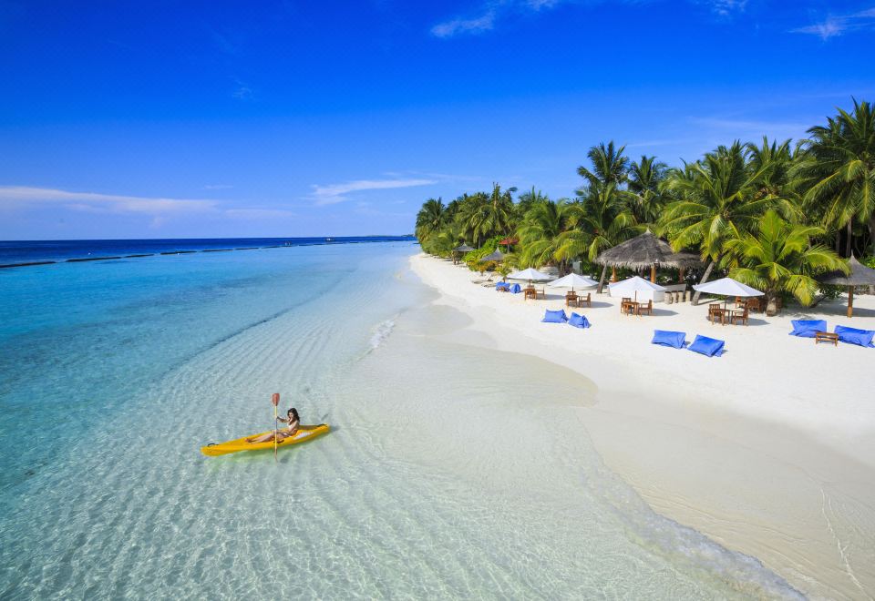 a person in a yellow kayak is paddling on a tropical beach with palm trees and lounge chairs at Kurumba Maldives