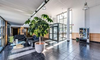 a large , well - lit lobby with black and white tiled floors , a green plant in a white pot , and several chairs at Comfort Suites Pau Idron