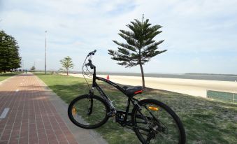 a black bicycle is parked on a brick path near the beach , with a clear blue sky in the background at Corrigans Cove