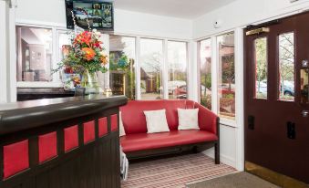 a red couch is sitting in a room with a tv and flowers on the counter at Peartree Lodge Waterside