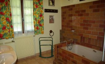 a bathroom with a brick wall , white tub , and a green trash can , along with some pictures on the wall at L'Horizon