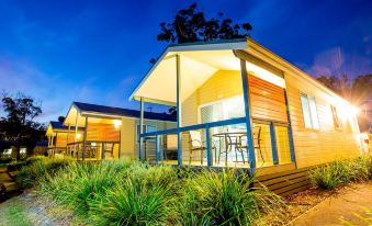 a group of small wooden houses with blue siding , situated in a grassy area with trees and shrubs at Reflections Jimmys Beach - Holiday Park