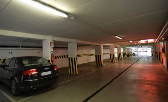 a parking garage with a black car parked in the middle , surrounded by multiple columns at Hotel Milano