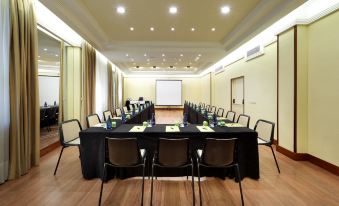 a conference room set up for a meeting , with chairs arranged in rows and a projector on the wall at Exe Salamanca