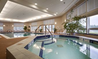 an indoor swimming pool with a hot tub , surrounded by lounge chairs and potted plants at Best Western University Inn