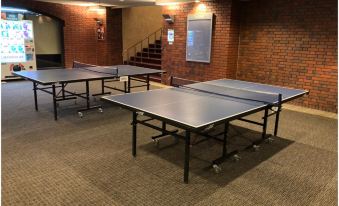 two ping pong tables are set up in a room with brick walls and carpeted floor at Naeba Prince Hotel