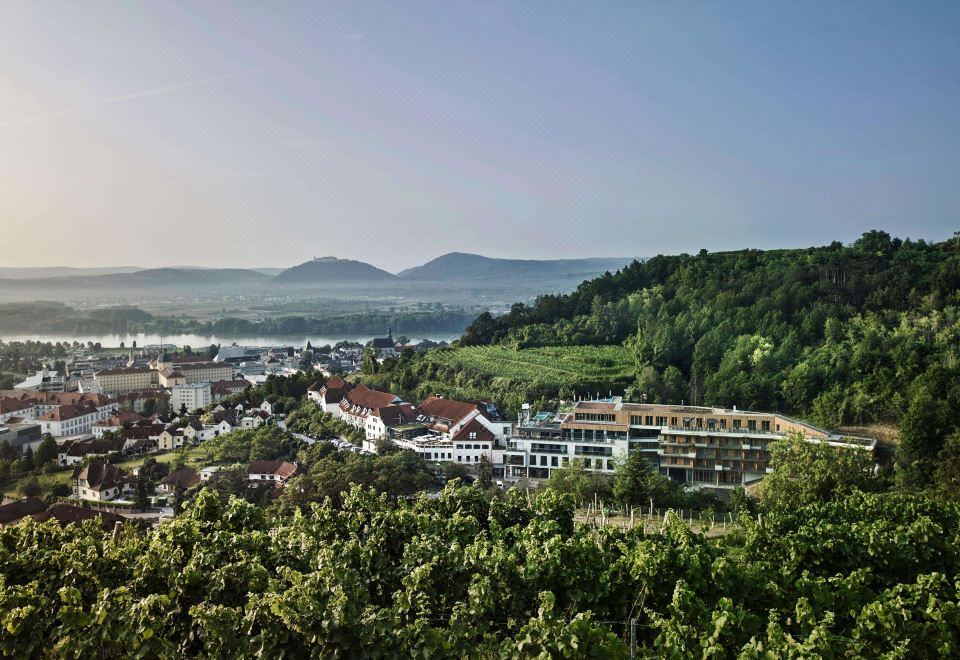 a cityscape with a mix of modern and traditional buildings , surrounded by trees and mountains at Steigenberger Hotel and Spa, Krems