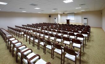 a large conference room with rows of wooden chairs and a projector screen at the front at Armonia Holiday Village & Spa
