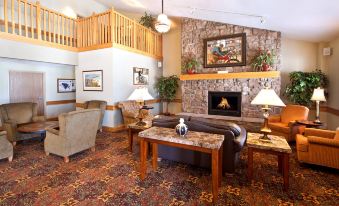 a cozy living room with a fireplace , couches , chairs , and potted plants on the floor at AmericInn by Wyndham Anamosa