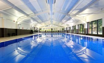 an indoor swimming pool with a blue and white color scheme , surrounded by a large glass window at Macdonald Hill Valley Hotel Golf & Spa