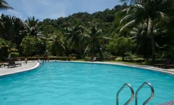 a large swimming pool surrounded by palm trees and grass , with people enjoying their time in the water at Perhentian Island Resort