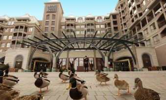 a group of ducks is standing on a brick courtyard with people walking by , while a hotel building is in the background at Hotel Grand Pacific