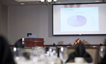 a conference room with a projector screen displaying a pie chart and a podium in the background at Cherokee Casino West Siloam Springs Resort