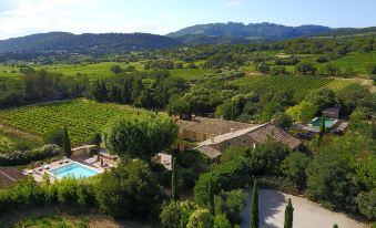 aerial view of a villa surrounded by green vineyards and mountains , with a pool in the foreground at Le Clos Saint Saourde