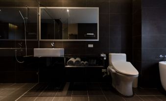 a modern bathroom with dark wood flooring , a large mirror , and a white toilet in the corner at Green Hotel