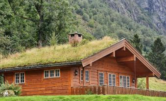 a wooden house with a green roof is surrounded by trees and mountains , and the grass is visible on the roof at Olden