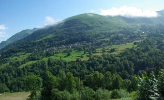 a picturesque rural landscape with a lush green mountain in the background , surrounded by lush trees and a small village at L'Horizon