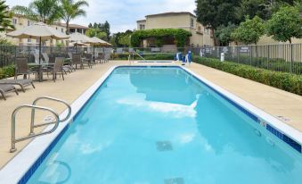 a swimming pool with clear blue water , surrounded by sun loungers and umbrellas , in a sunny day at Residence Inn Palo Alto Los Altos