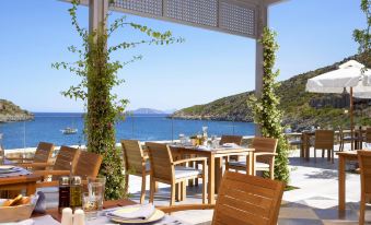 a beautiful outdoor dining area overlooking the ocean , with tables and chairs arranged for guests to enjoy their meal at Daios Cove Luxury Resort & Villas