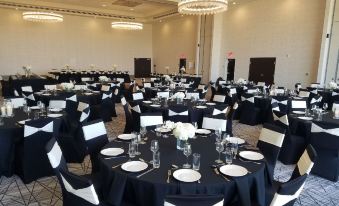 a large banquet hall is set up for a formal event , with several round tables covered in black tablecloths and adorned with white nap at Courtyard Dallas Flower Mound