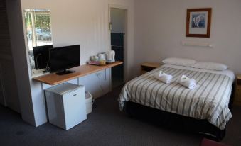 a hotel room with a bed , desk , and tv , as well as a small refrigerator at Mount Beauty Motor Inn
