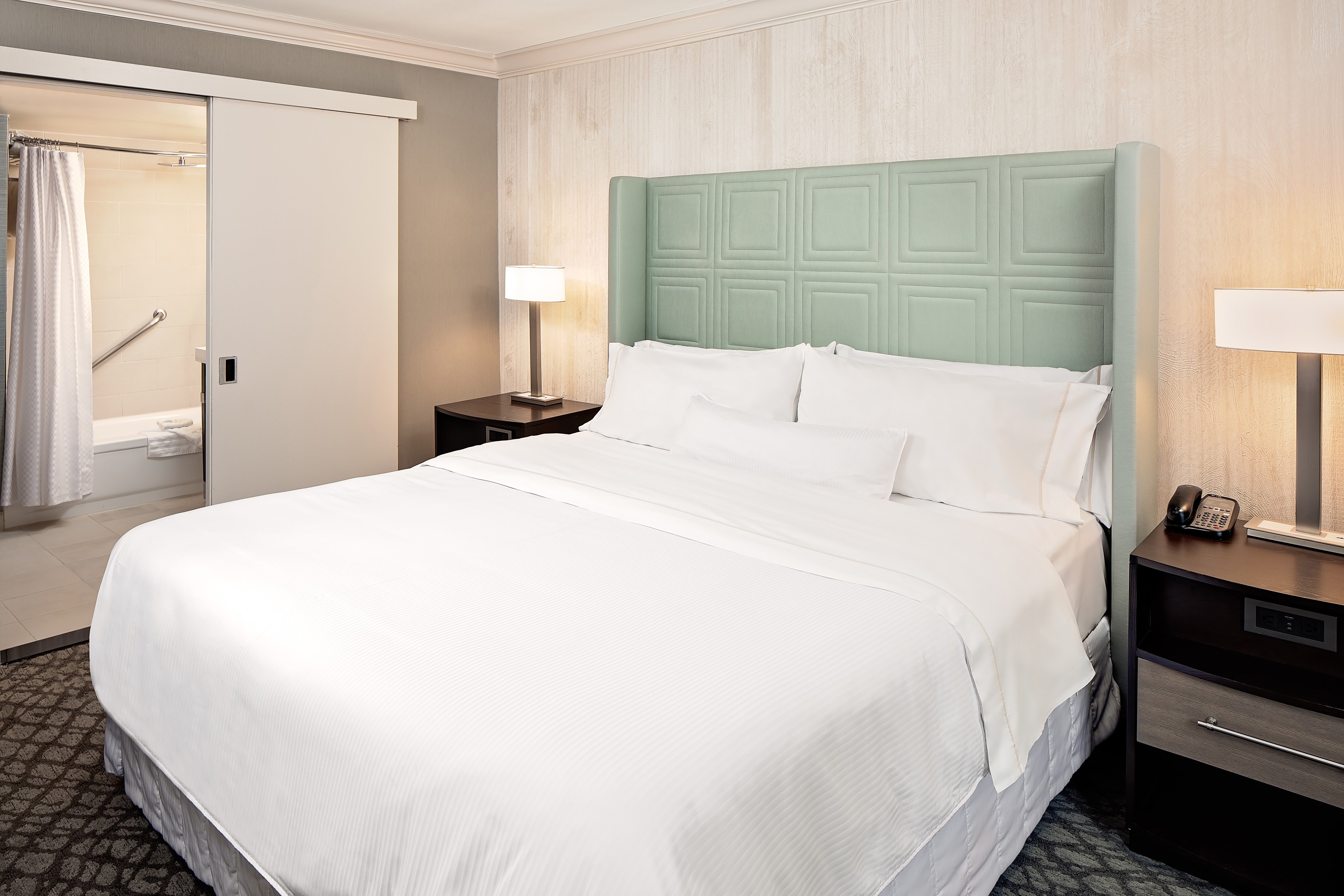 单卧室小型特大床套房，配有梳化床