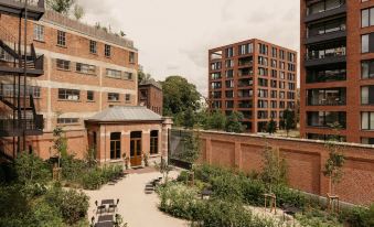 a courtyard surrounded by buildings , with various plants and trees in the area , creating a serene atmosphere at August