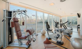 a well - equipped gym with various exercise equipment , including treadmills and stationary bikes , facing a large window that overlooks a city view at NH Orio Al Serio