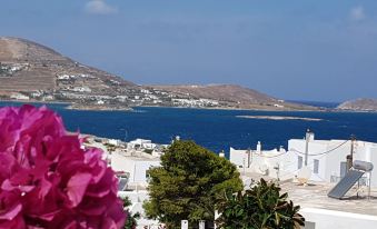 a picturesque view of a greek village by the sea , with white buildings and blue waters at Hotel Iris