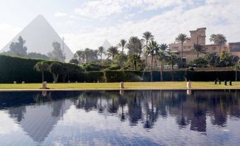 a large swimming pool with a clear blue water and palm trees in the background at Marriott Mena House, Cairo