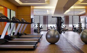 a well - equipped gym with various exercise equipment , including treadmills and weight machines , in a spacious room at Courtyard Ahmedabad