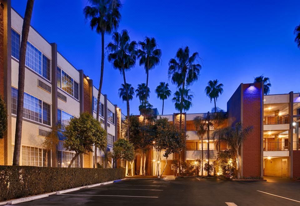 a row of tall palm trees lining the street in front of a row of apartment buildings at dusk at Best Western Plus Carriage Inn