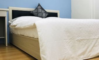 a bed with a white sheet and a black pillow is in a room with blue walls at Leisure