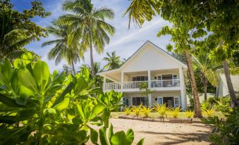 a white house surrounded by palm trees , with a beach in the background , creating a serene and picturesque setting at Malolo Island Resort