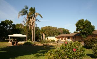a large house with a red roof is surrounded by greenery and has palm trees in the background at Fern Bay Motel
