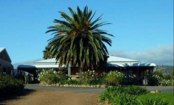 a large palm tree in front of a building with a blue sky background and green plants on either side at Strathearn Park Lodge