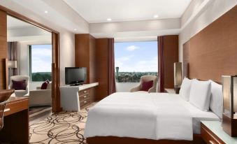 a large bedroom with a king - sized bed , a flat - screen tv , and a view of the city at Hyatt Centric Janakpuri New Delhi